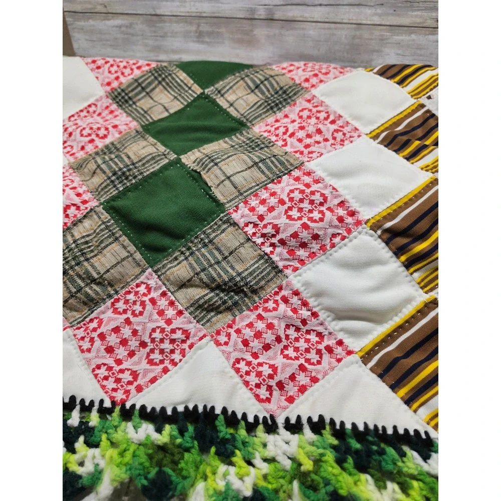 Handmade Patchwork Quilt Oversized 115x90 Multi Color Crochet Border Vintage